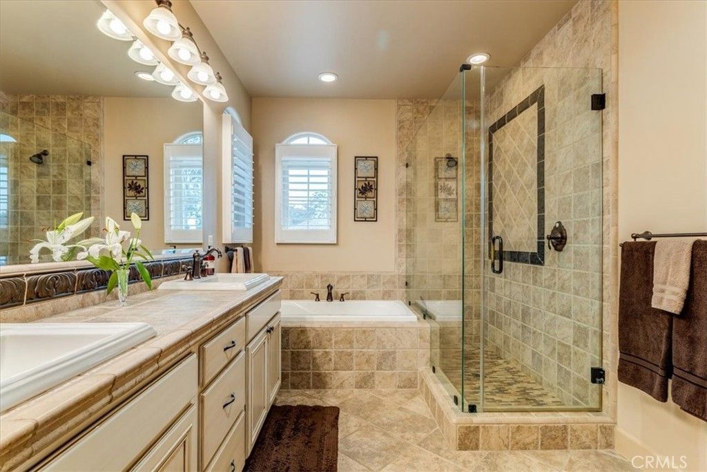 Bathroom, Dual Sink Vanities, Glass Shower, Interior, Recessed Lighting, Tile Countertops