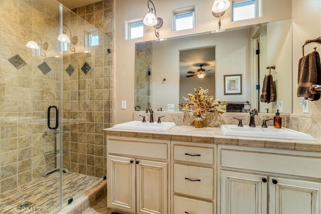 Bathroom, Dual Sink Vanities, Glass Shower, Interior, Pendant Lights, Tile Countertops