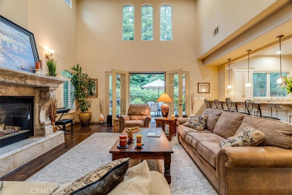 Dining room, Fireplace, Interior, Living room, Pendant Lights, Wood Texture Flooring