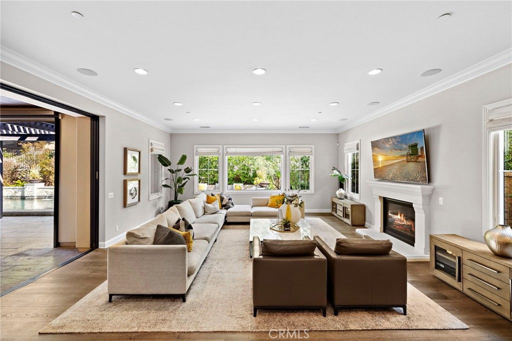 Fireplace, Interior, Living room, Recessed Lighting, Wood Texture Flooring