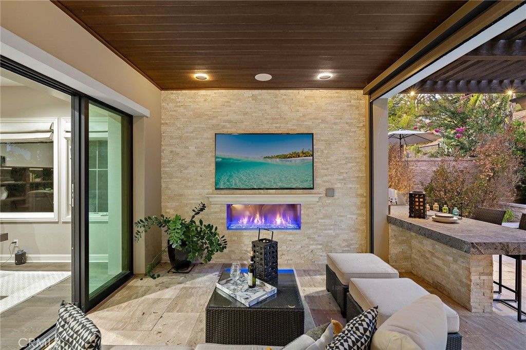 Exterior, Fireplace, Recessed Lighting, Stone Walls