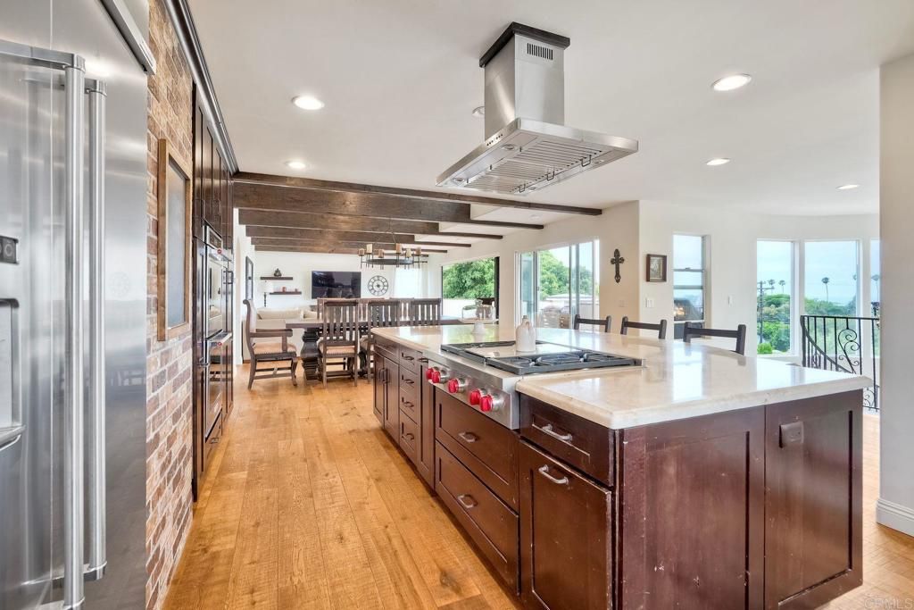 Dining room, Interior, Kitchen, Pendant Lights, Recessed Lighting, Stainless Steel Appliances, Wooden Beams, Wooden Ceilings, Wood Texture Flooring
