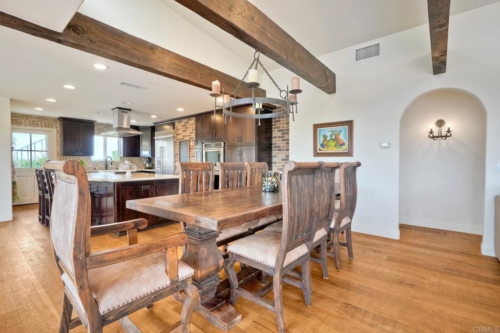 Dining room, Interior, Kitchen, Pendant Lights, Recessed Lighting, Stone Walls, Wooden Beams, Wood Texture Flooring