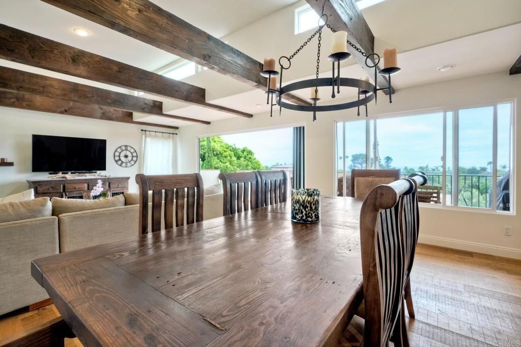 Chandelier, Dining room, Interior, Living room, Recessed Lighting, Wooden Beams, Wood Texture Flooring
