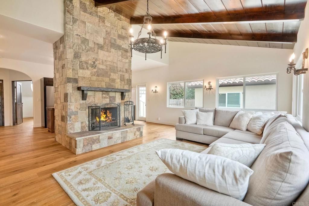 Fireplace, Interior, Living room, Pendant Lights, Stone Walls, Wooden Beams, Wooden Ceilings, Wood Texture Flooring