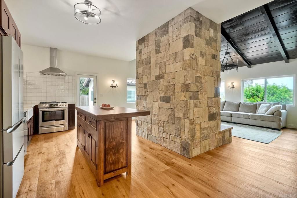 Interior, Kitchen, Living room, Stainless Steel Appliances, Stone Walls, Wood Texture Flooring