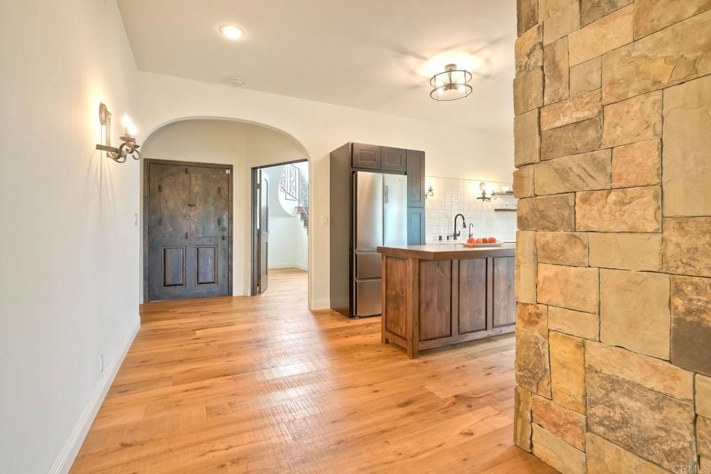 Interior, Kitchen, Recessed Lighting, Stone Walls, Wood Texture Flooring