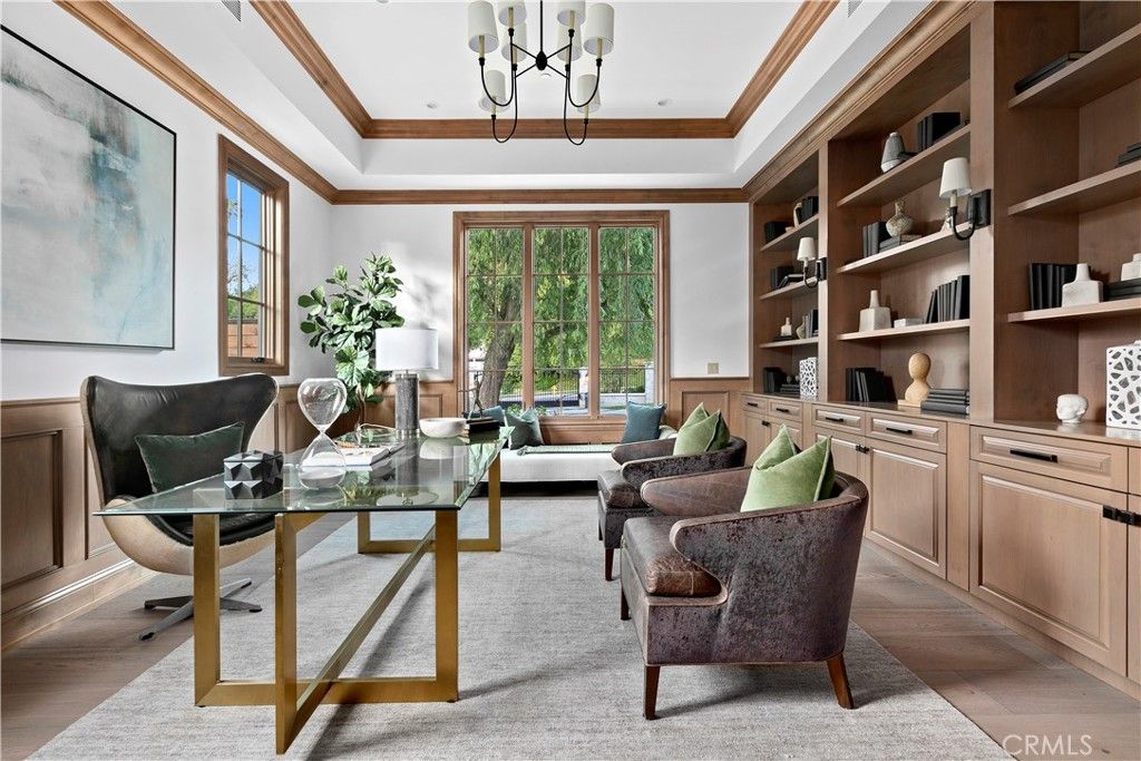 Chandelier, Home Office, Interior, Recessed Lighting, Wood Texture Flooring