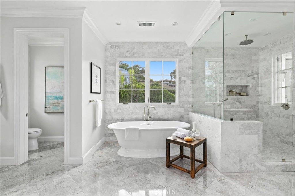 Bathroom, Free Standing Baths, Glass Shower, Interior, Marble Walls, Recessed Lighting