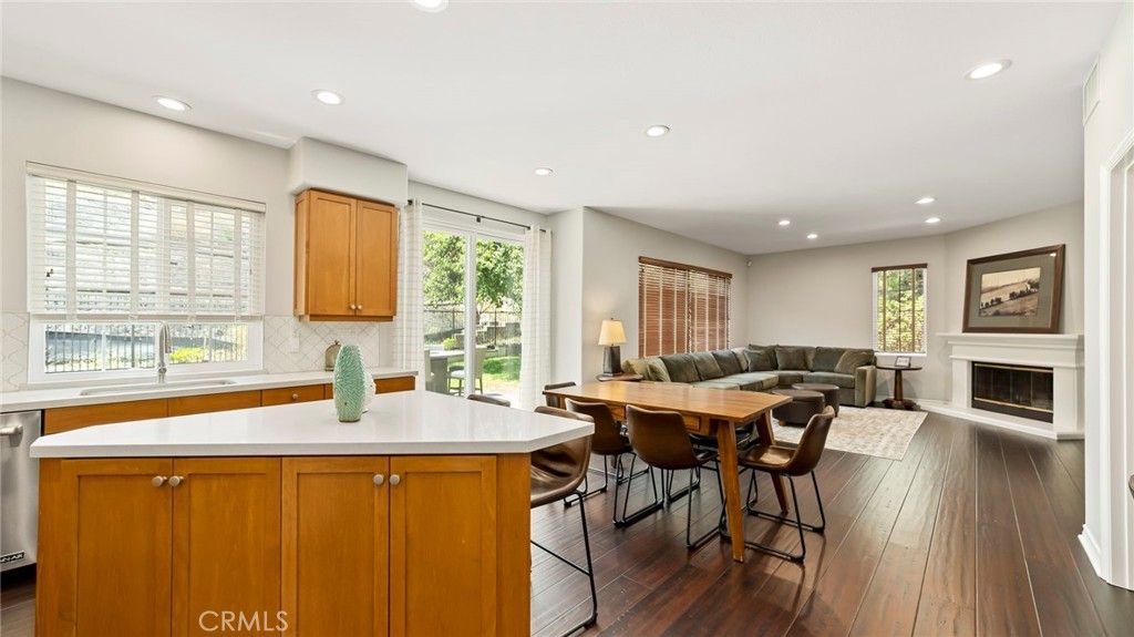 Fireplace, Interior, Kitchen, Living room, Recessed Lighting, Wood Texture Flooring