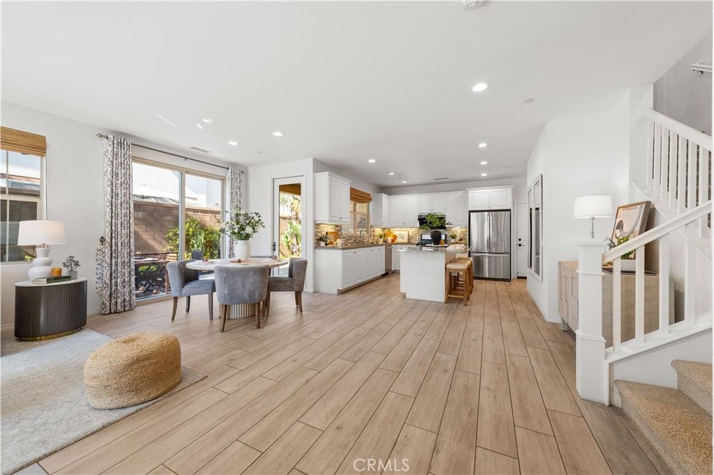 Dining room, Interior, Kitchen, Recessed Lighting, Stainless Steel Appliances, Wood Texture Flooring