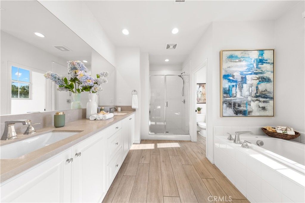 Bathroom, Dual Sink Vanities, Glass Shower, Interior, Recessed Lighting, Wood Texture Flooring
