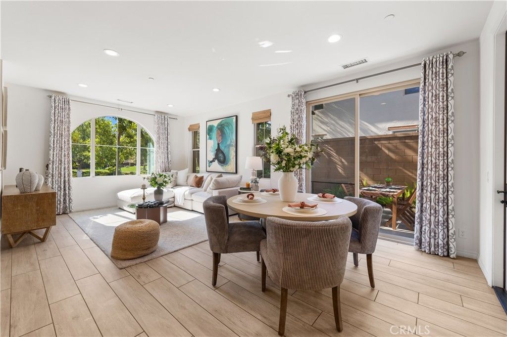 Dining room, Interior, Living room, Recessed Lighting, Wood Texture Flooring