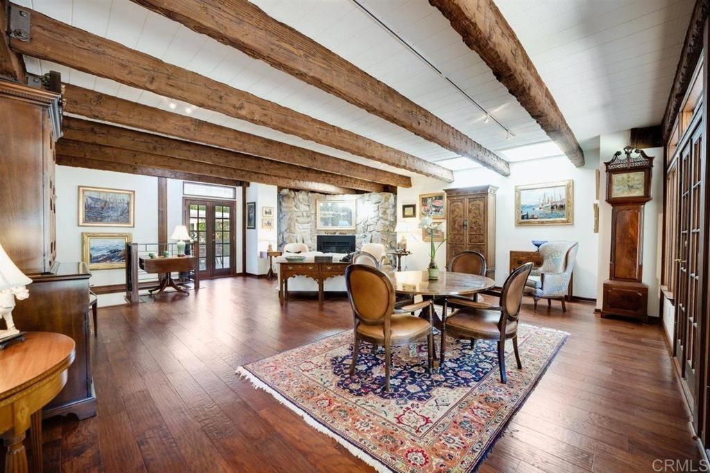 Dining room, Fireplace, Interior, Living room, Wooden Beams, Wood Texture Flooring