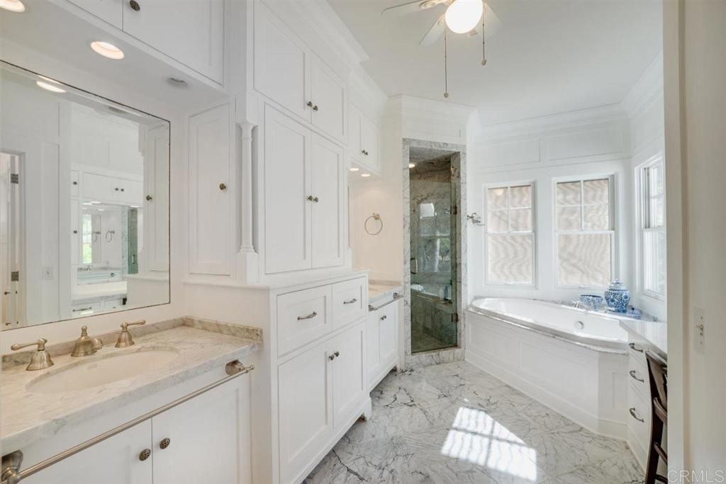 Bathroom, Dual Sink Vanities, Glass Shower, Interior, Marble, Recessed Lighting