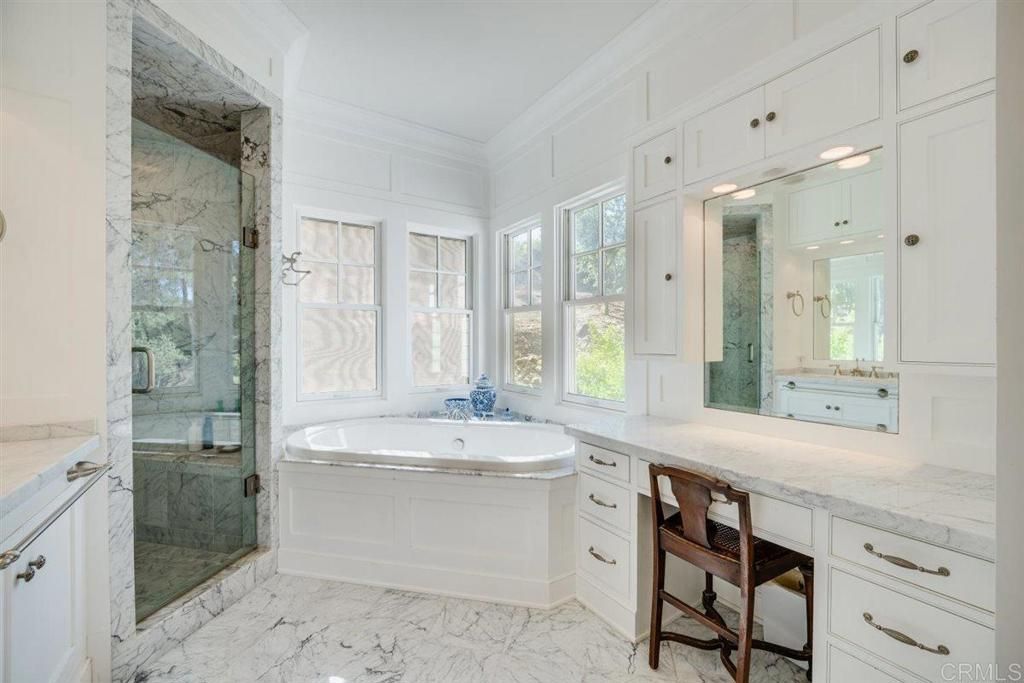 Bathroom, Glass Shower, Interior, Marble, Marble Walls, Recessed Lighting
