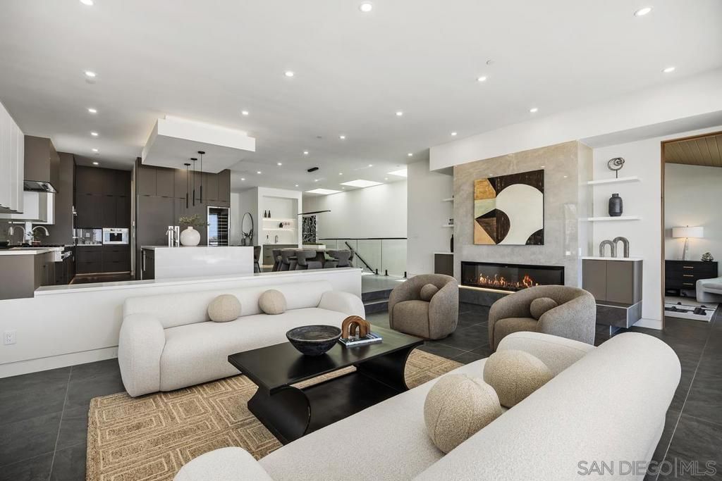 Fireplace, Interior, Kitchen, Living room, Pendant Lights, Recessed Lighting