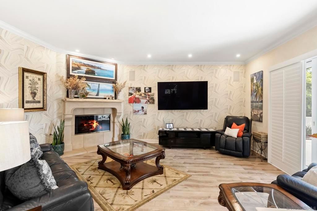 Fireplace, Interior, Living room, Recessed Lighting, Wood Texture Flooring