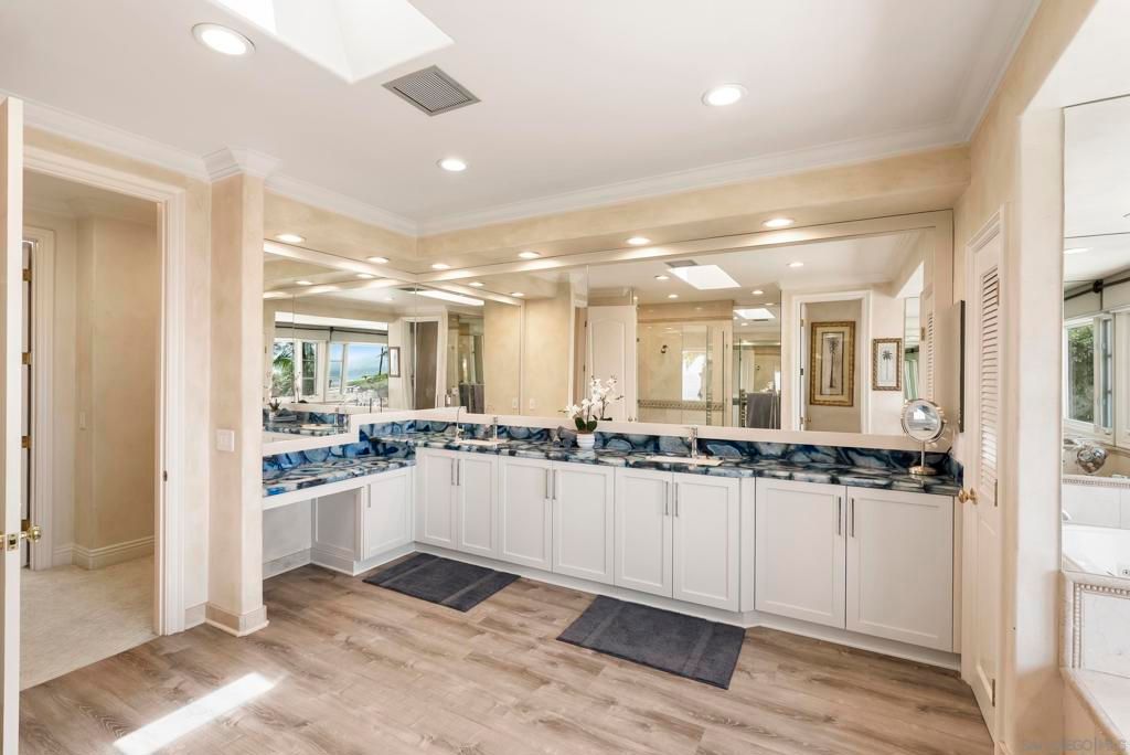 Bathroom, Dual Sink Vanities, Interior, Recessed Lighting, Wood Texture Flooring