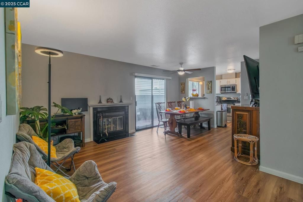 Dining room, Fireplace, Interior, Kitchen, Wood Texture Flooring