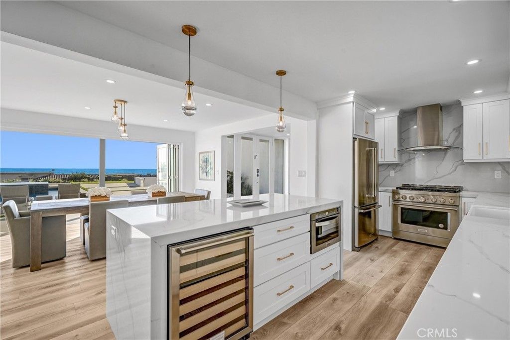 Interior, Kitchen, Pendant Lights, Recessed Lighting, Stainless Steel Appliances, Water, Wood Texture Flooring