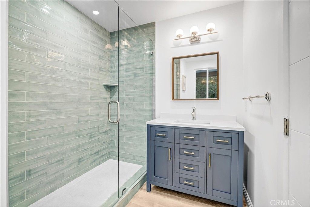 Bathroom, Glass Shower, Interior, Recessed Lighting, Wood Texture Flooring