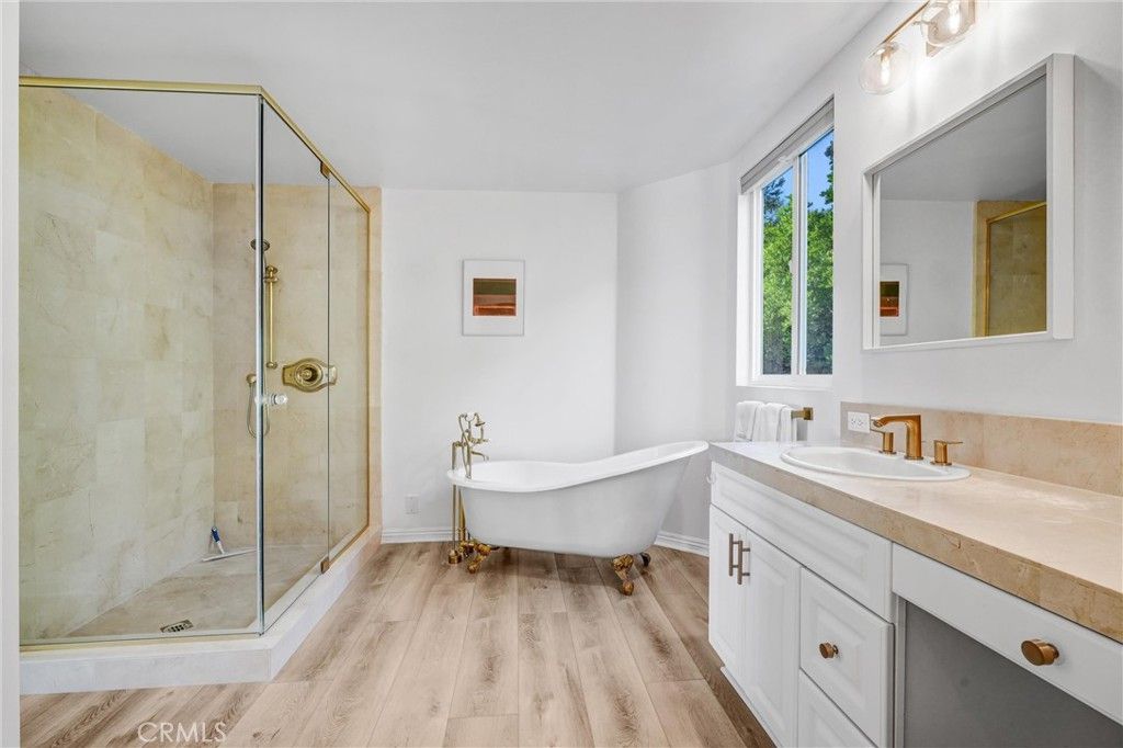 Bathroom, Free Standing Baths, Glass Shower, Interior, Wood Texture Flooring