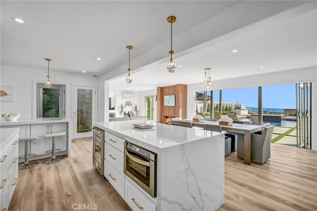 Dining room, Interior, Kitchen, Pendant Lights, Recessed Lighting, Water, Wood Texture Flooring