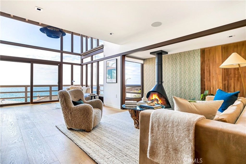 Fireplace, Interior, Living room, Recessed Lighting, Water, Wood Texture Flooring