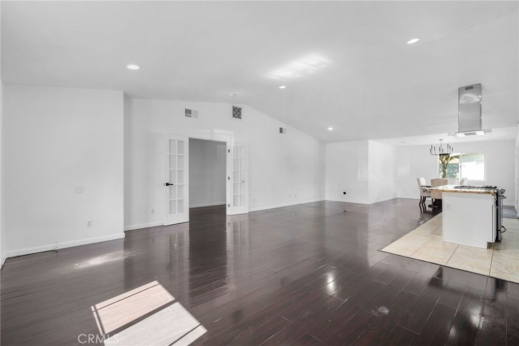 Dining room, Empty room, Interior, Kitchen, Pendant Lights, Recessed Lighting, Wood Texture Flooring