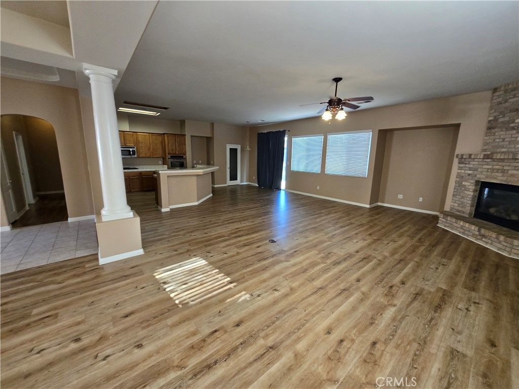 Empty room, Fireplace, Interior, Kitchen, Wood Texture Flooring