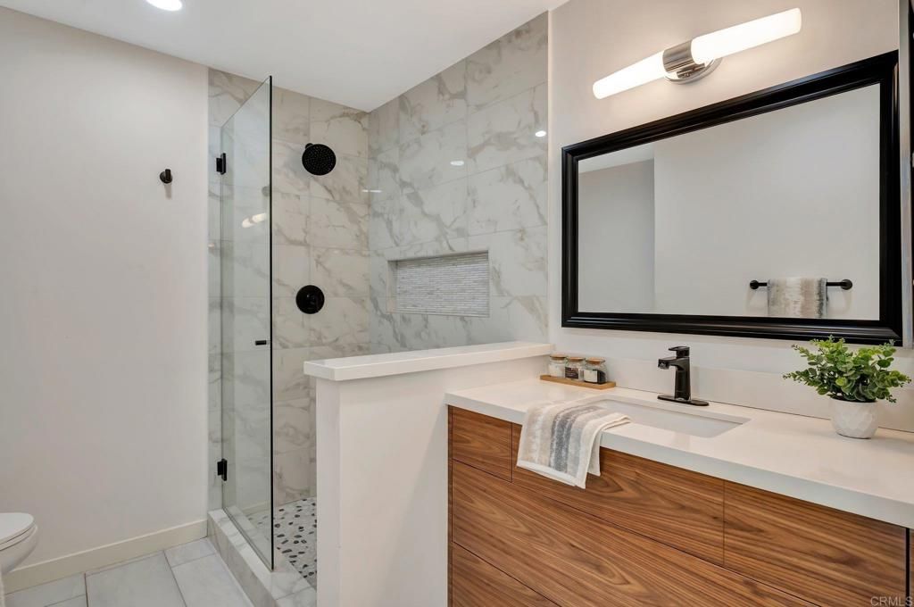 Bathroom, Glass Shower, Interior, Marble Walls, Recessed Lighting