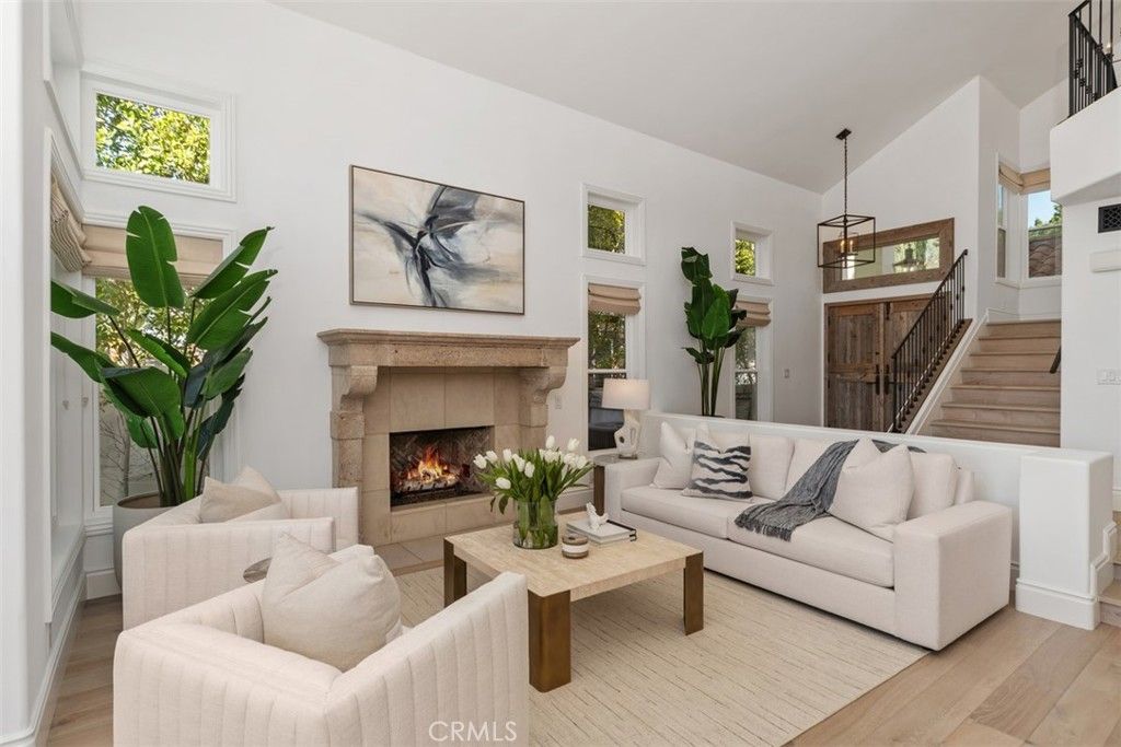 Fireplace, Interior, Living room, Pendant Lights, Wood Texture Flooring