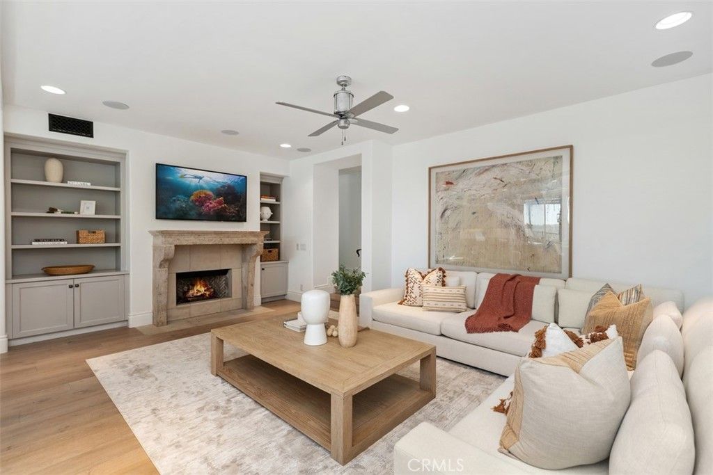 Fireplace, Interior, Living room, Recessed Lighting, Wood Texture Flooring
