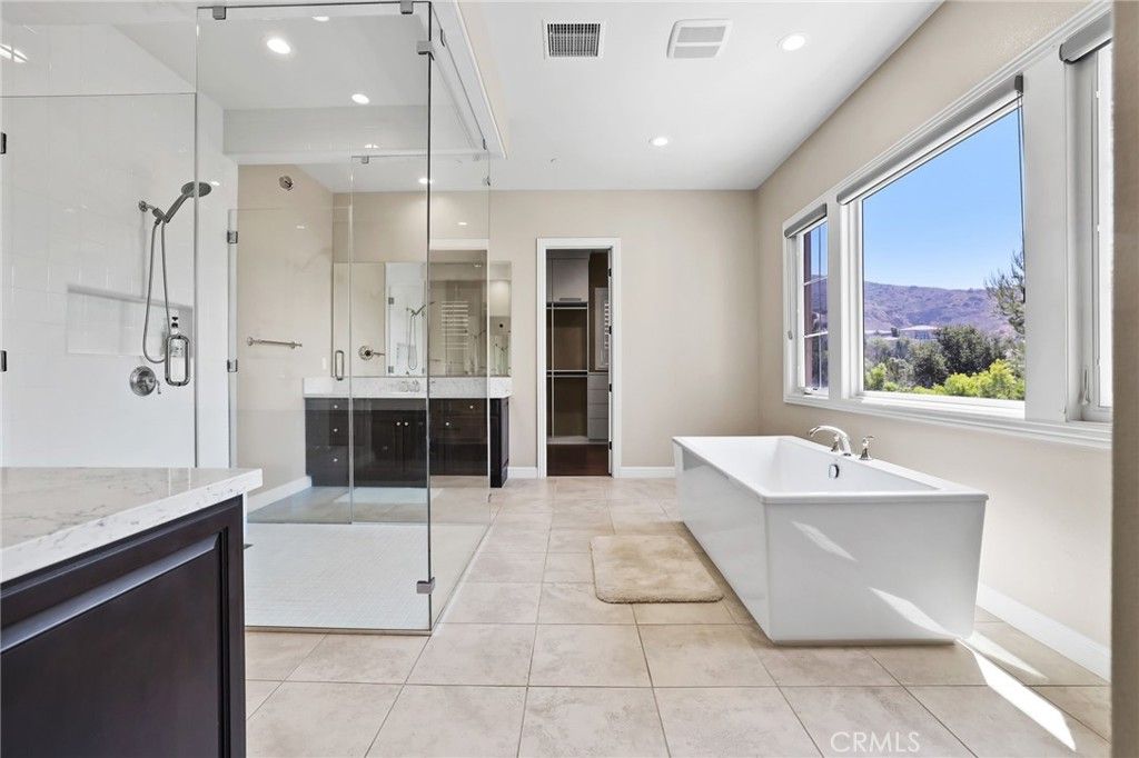 Bathroom, Free Standing Baths, Glass Shower, Interior, Recessed Lighting