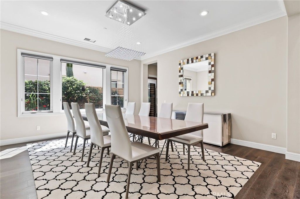 Dining room, Interior, Pendant Lights, Recessed Lighting, Wood Texture Flooring