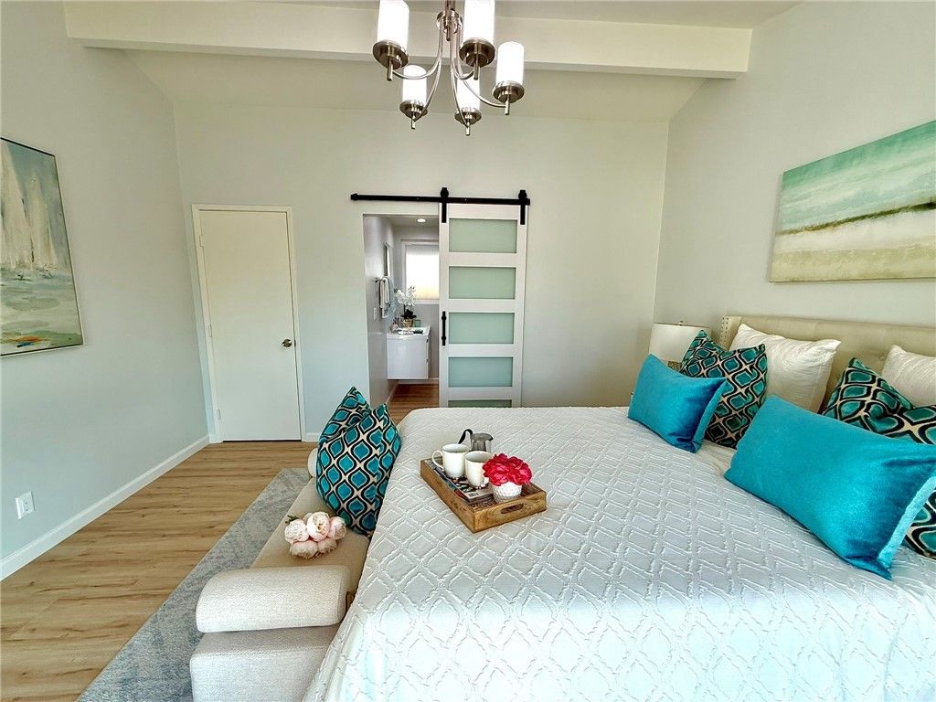 Bedroom, Chandelier, Interior, Wood Texture Flooring