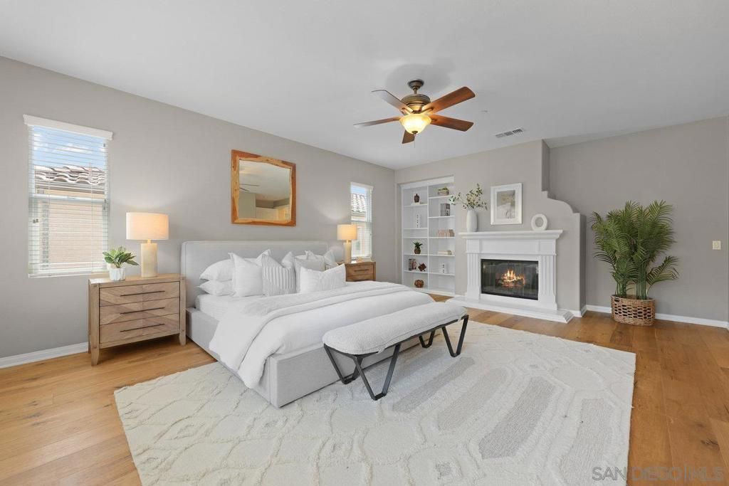 Bedroom, Fireplace, Interior, Wood Texture Flooring