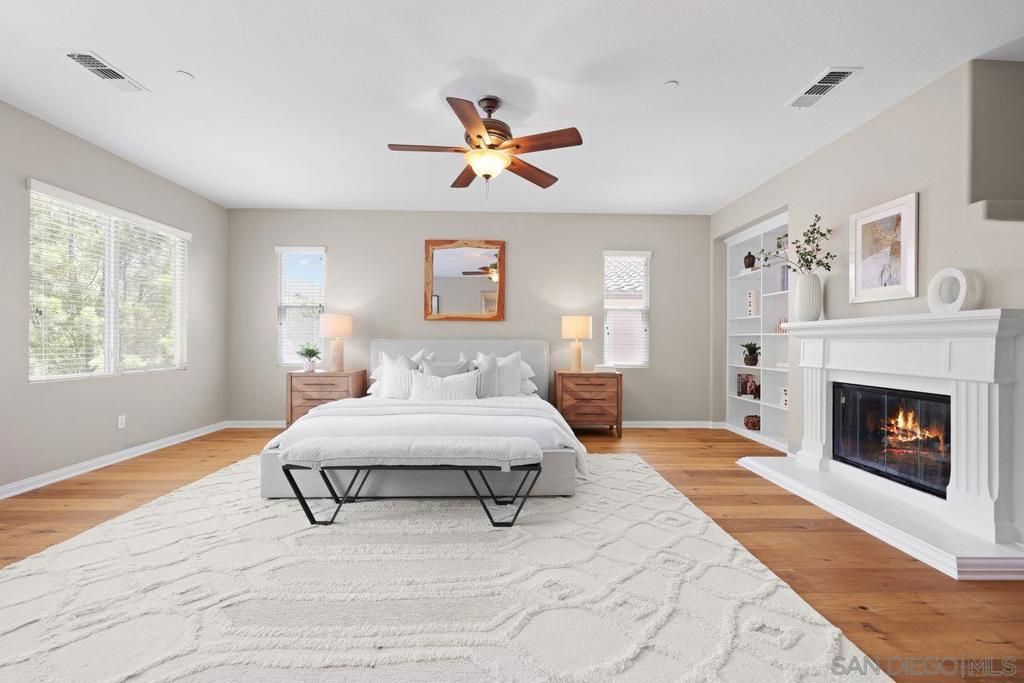 Bedroom, Fireplace, Interior, Wood Texture Flooring