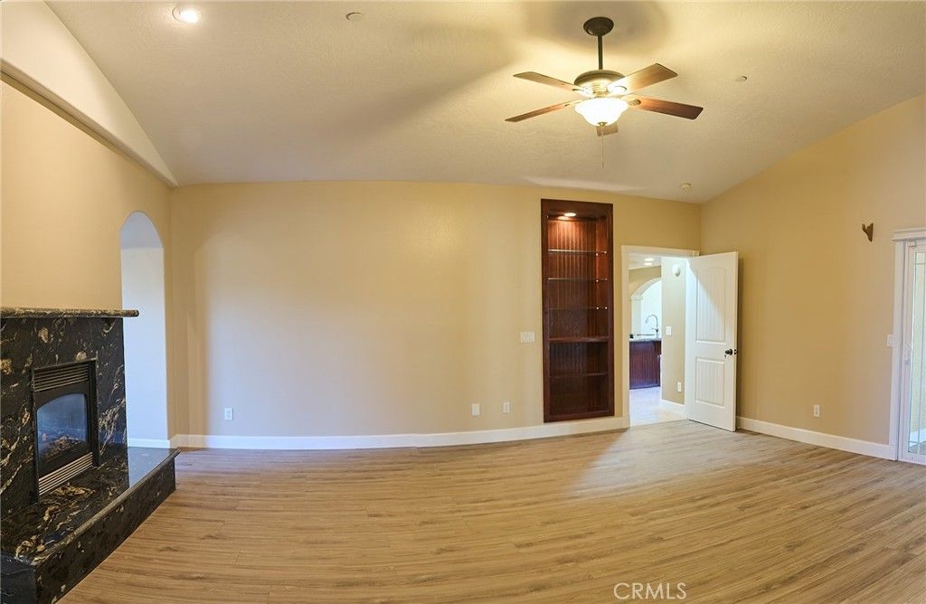 Empty room, Fireplace, Interior, Recessed Lighting, Wood Texture Flooring