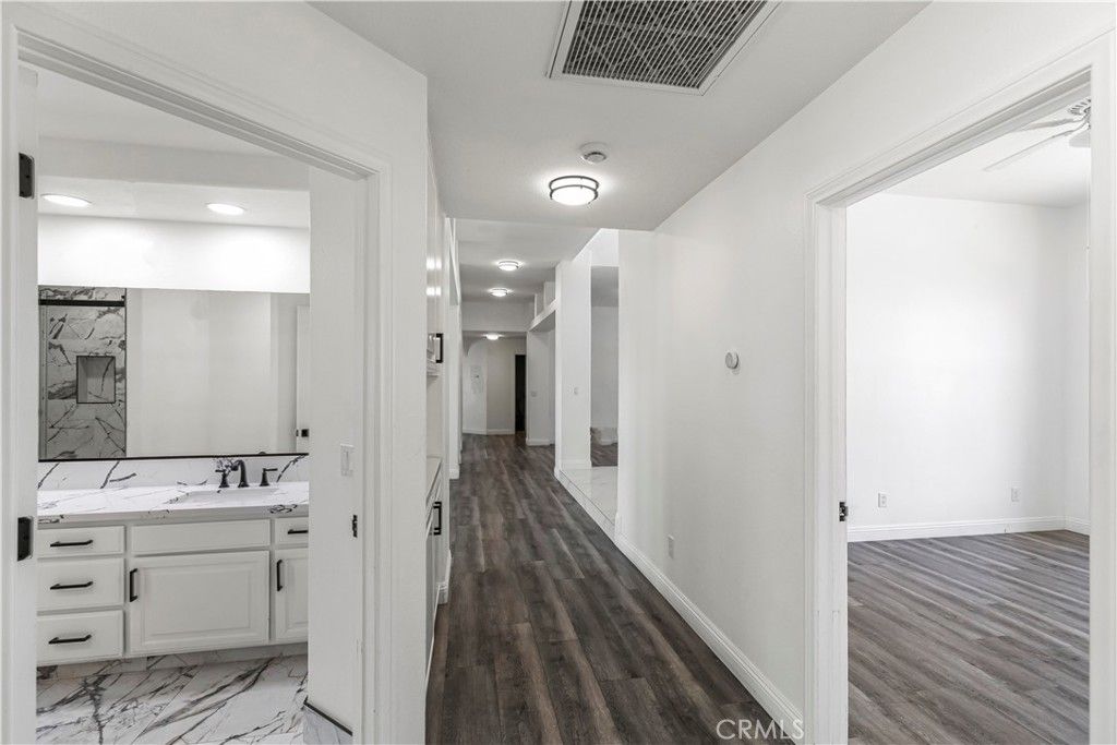 Bathroom, Interior, Marble, Recessed Lighting, Wood Texture Flooring