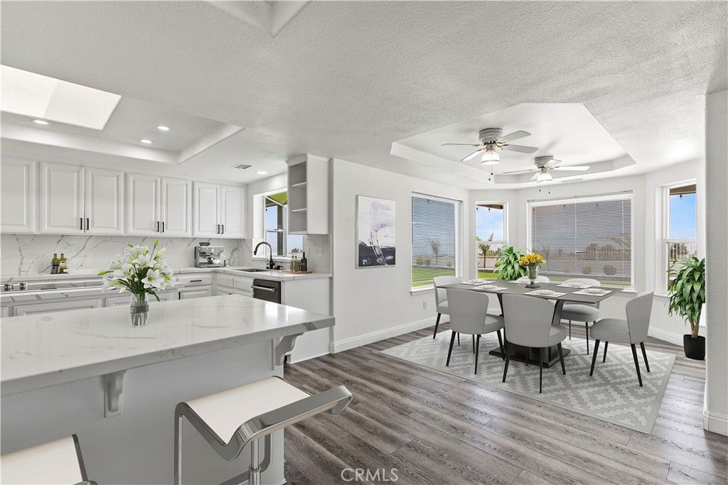 Dining room, Interior, Kitchen, Recessed Lighting, Stainless Steel Appliances, Wood Texture Flooring