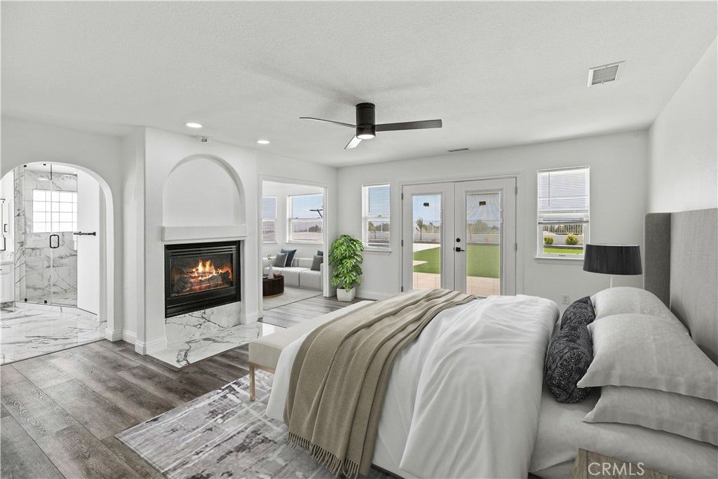 Bedroom, Fireplace, Interior, Marble, Recessed Lighting, Wood Texture Flooring