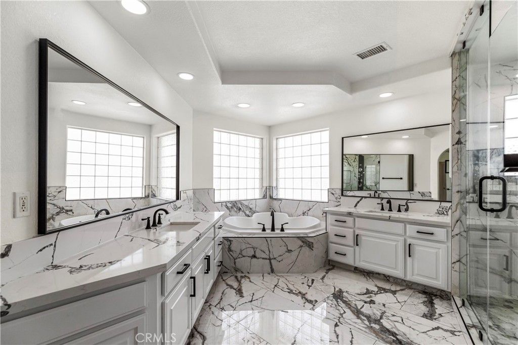 Bathroom, Dual Sink Vanities, Glass Shower, Interior, Marble, Recessed Lighting