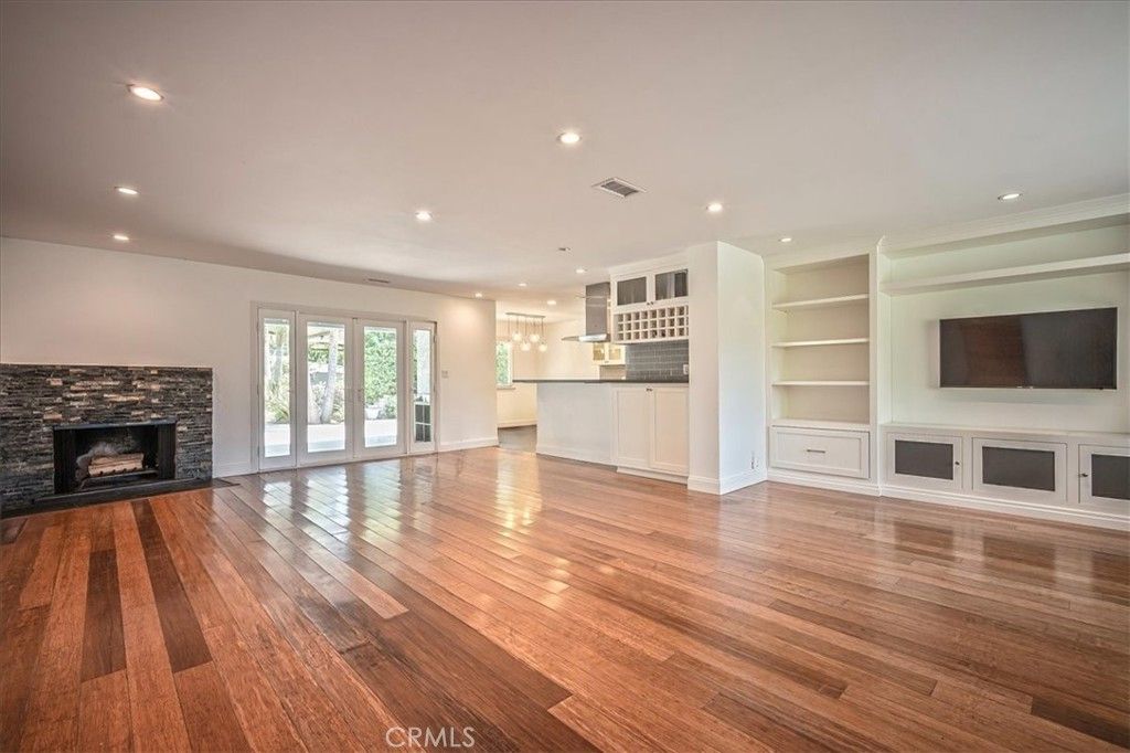 Empty room, Fireplace, Interior, Pendant Lights, Recessed Lighting, Wood Texture Flooring