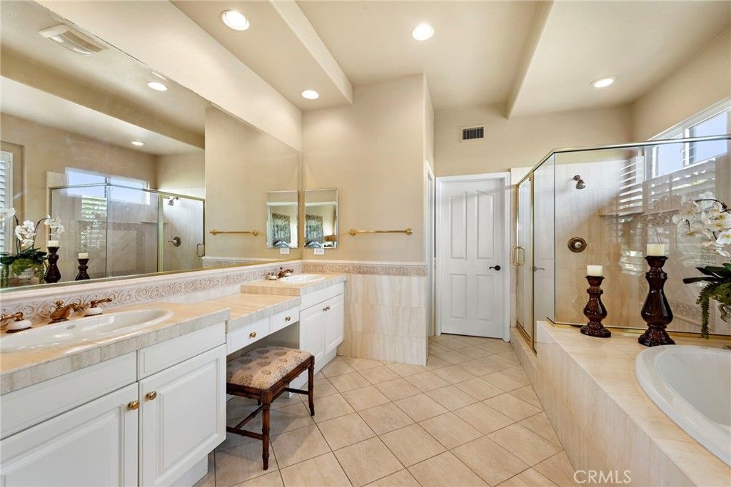 Bathroom, Dual Sink Vanities, Glass Shower, Interior, Recessed Lighting, Tile Countertops