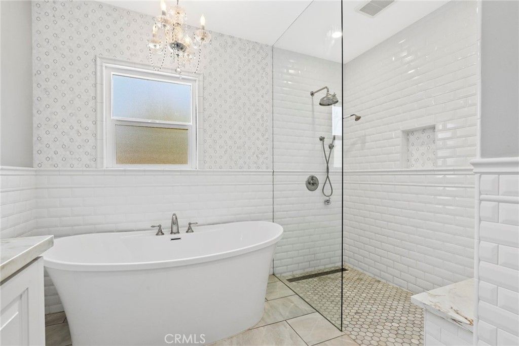 Bathroom, Chandelier, Free Standing Baths, Glass Shower, Interior, Recessed Lighting