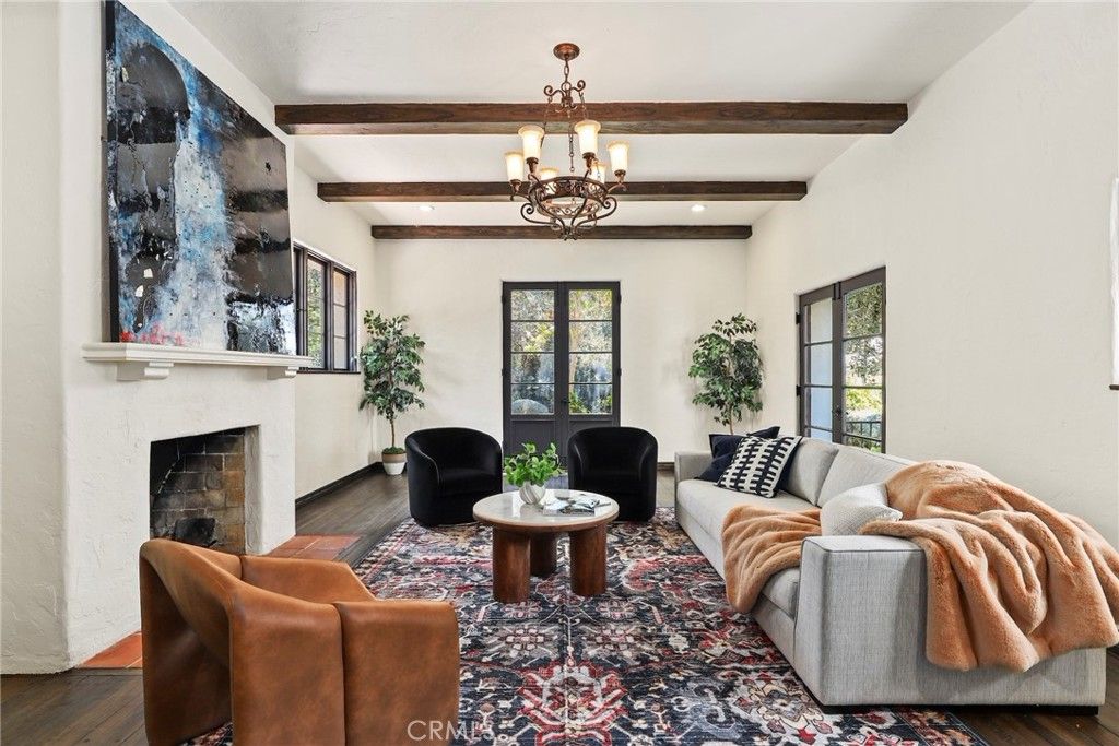 Chandelier, Fireplace, Interior, Living room, Recessed Lighting, Wooden Beams, Wood Texture Flooring