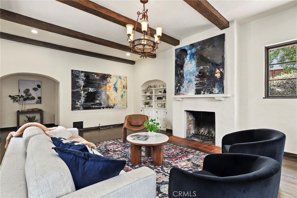 Chandelier, Fireplace, Interior, Living room, Recessed Lighting, Wooden Beams, Wood Texture Flooring