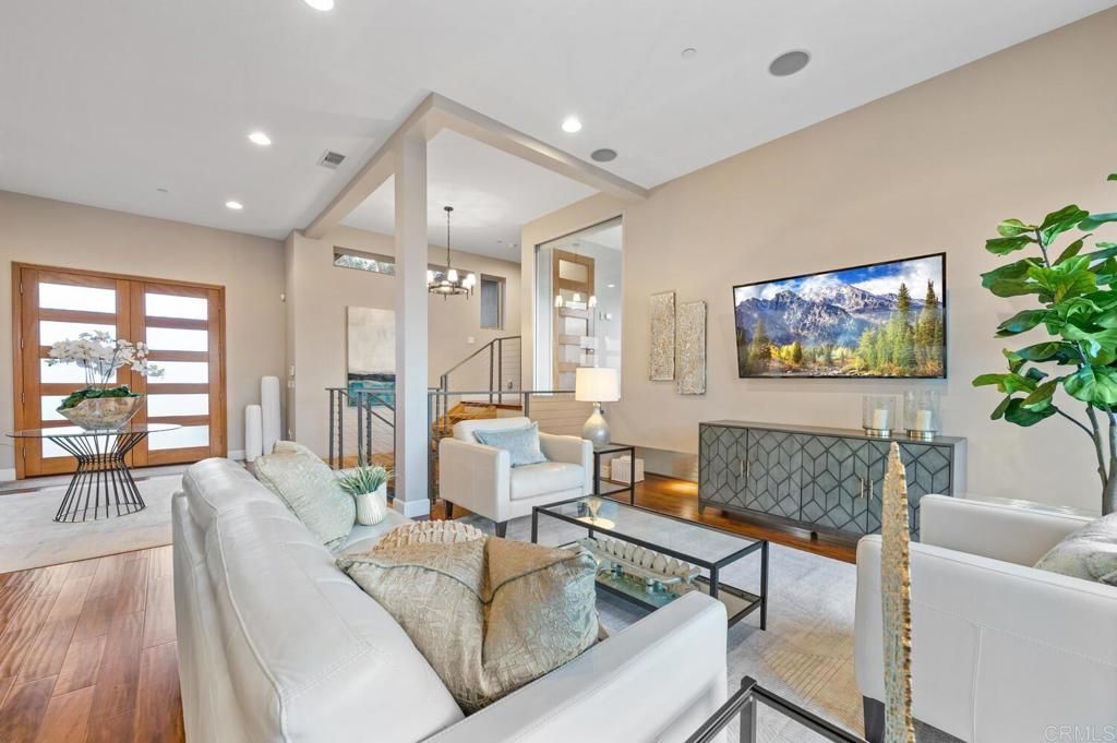 Dining room, Interior, Living room, Pendant Lights, Recessed Lighting, Wood Texture Flooring